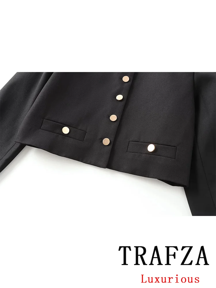 TRAFZA Vintage Casual Chic Women Jackets Solid O-Neck Single Breasted Long Sleeve Coats Fashion 2024 Autumn Holiday Elegant Top