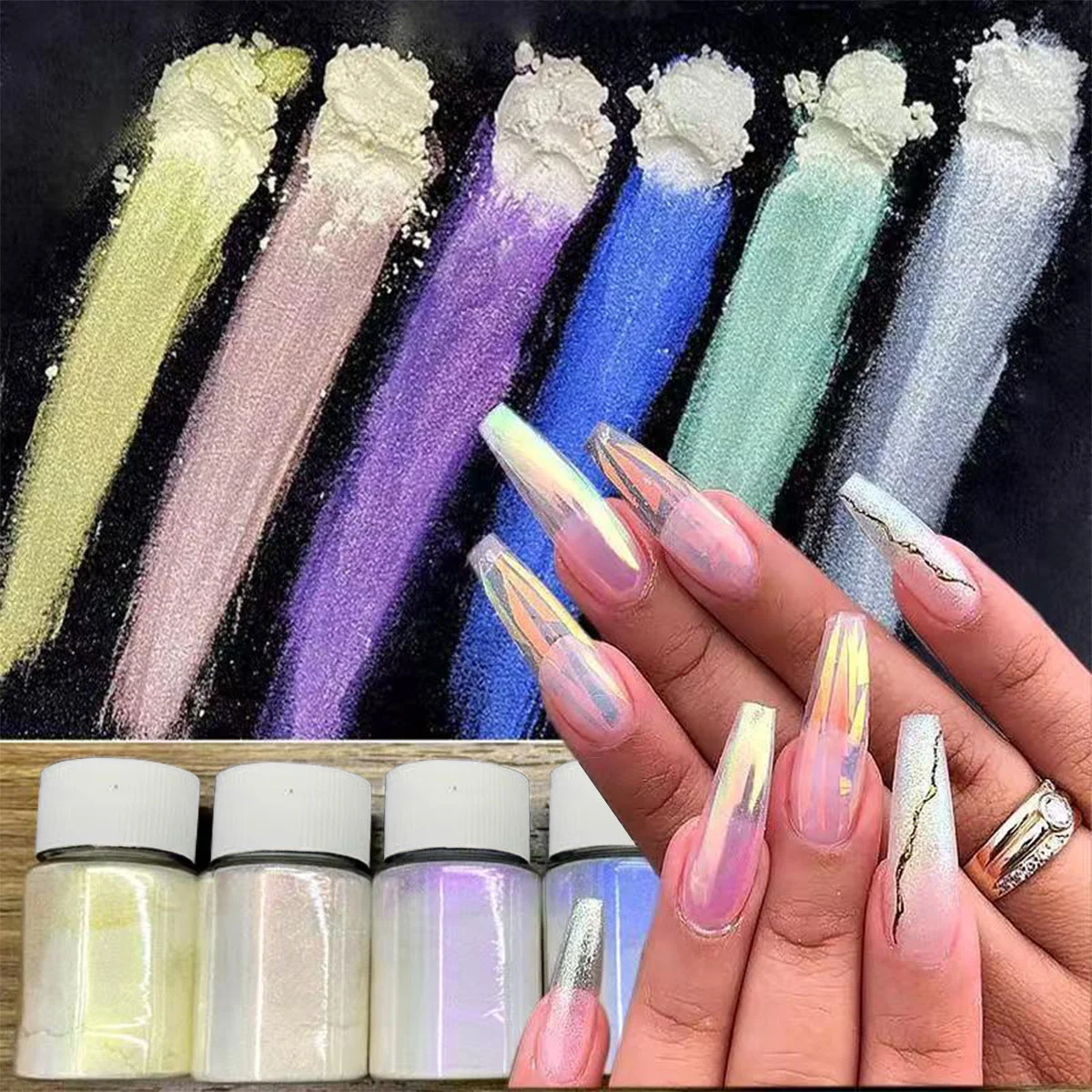 

1set 6pcs Nail art mica powder aurora mermaid painting with nail polish gel uv&led nail art creation DIY Y2K large bottle 10g