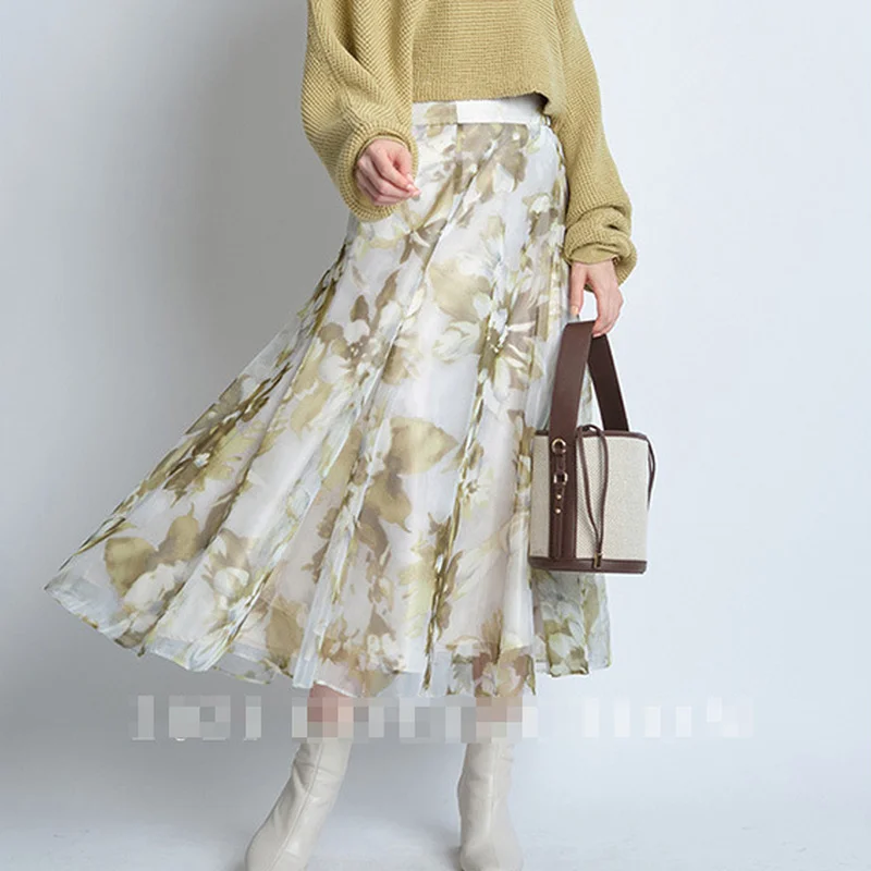 Japanese Gentle Fairy Jupes High Waist Printed Pattern Pleated Long Mesh Skirts 2022 Spring New Fashion Mujer Faldas