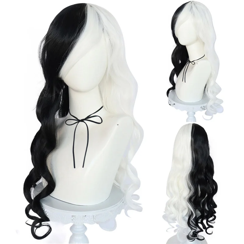 , black and white two-tone fluffy long wavy hair, cosplay Halloween anime wig