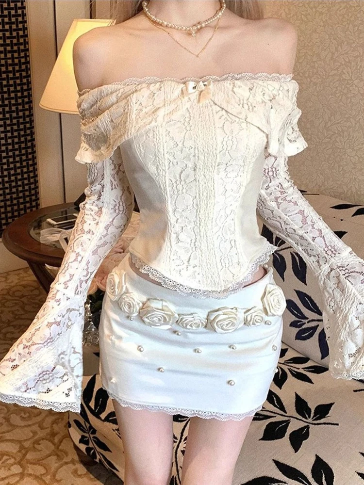 

Sexy Elegant Fashion 2 Piece Set Women Chi Off Shoulder Lace Flare Sleeve Tops + Mini Skirt Harajuku Chic Birthday Party Outfits