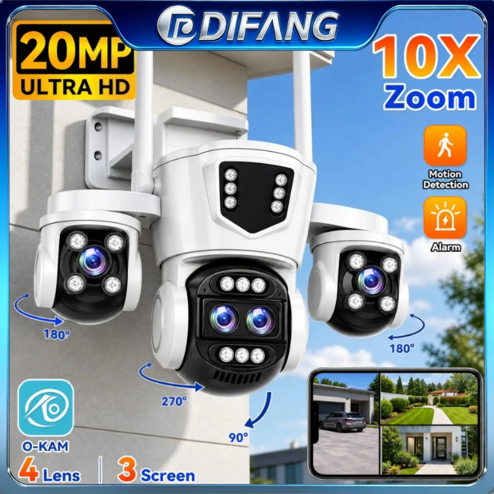 

New Arrival WiFi Security Cam 10X Zoom Four Lens Three Screens Auto Tracking 6K Dual Len Waterproof WiFi CCTV Cam 10K 20MP