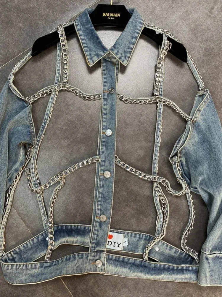 Denim Jacket 2023 Spring Summer Lapels Long Sleeve Chain Hollow Cool Handsome Street Denim Long Sleeve Jeans Jacket for Women