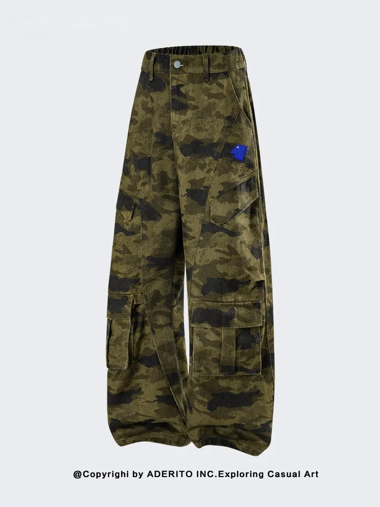 

Retro American Camouflage Workwear Jeans Loose Wide Leg Floor-Length Trousers for Men And Women Autumn Season Cotton Stretch ...