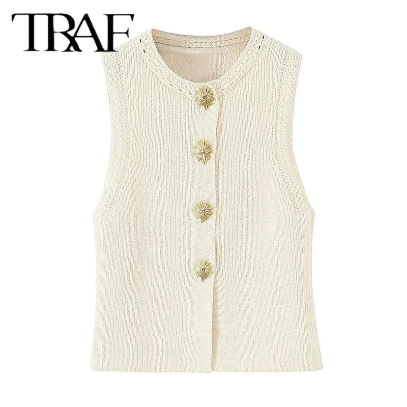 

TRAF 2025 new women's casual and elegant design with European and American style gold button decoration knitted top