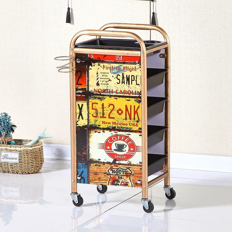 Retro Metal Cosmetologist Trolley Mobile Pulley Beauty Salon Cart Multi-level Classification Barber Trolley Wild Scene Tool Cart