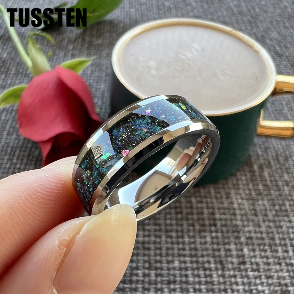 TUSSTEN 8MM So Beautiful Galaxy Opal Ring Tungsten Engagement Wedding Band For Men Women Comfort Fit