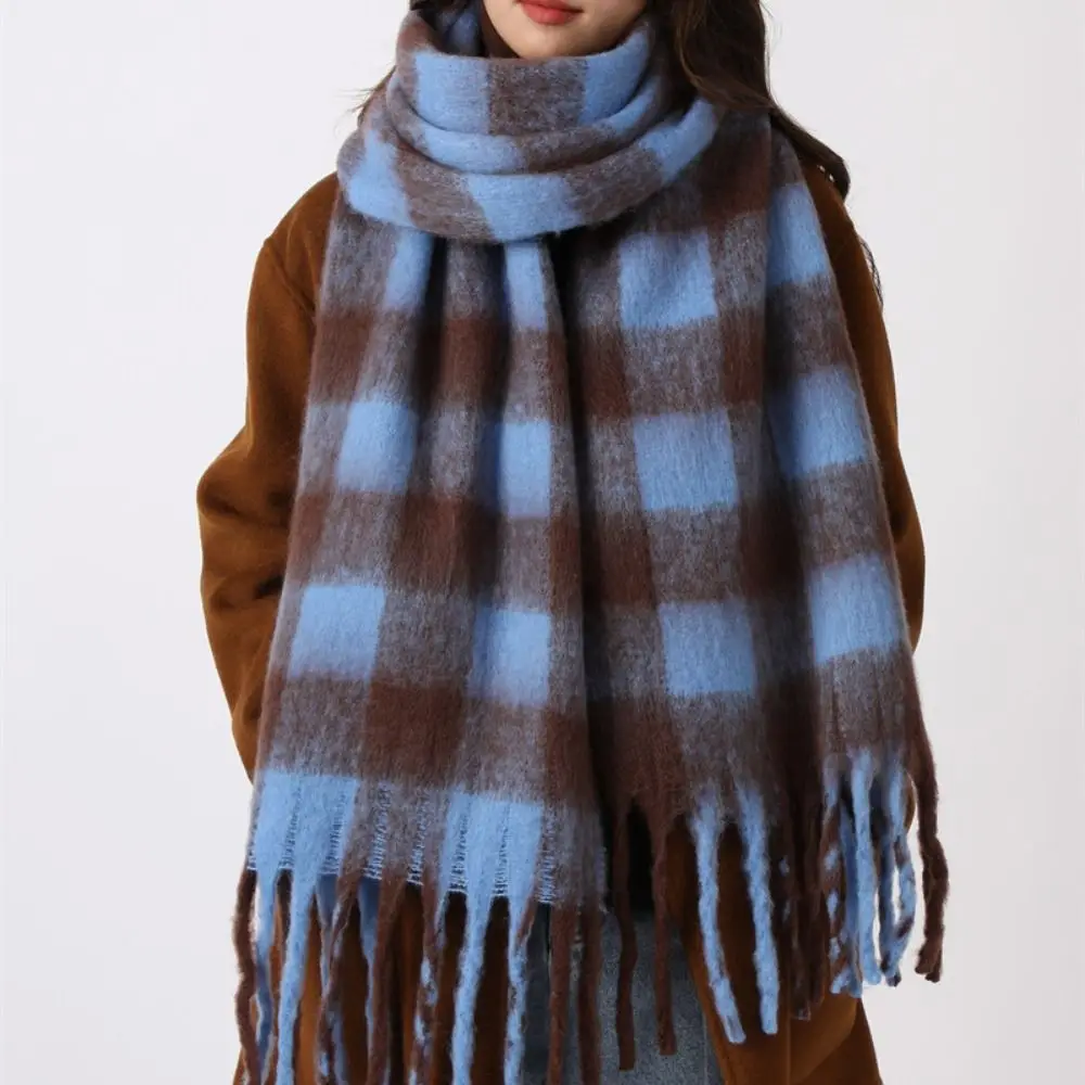 

Elegant Mohair Plaid Wool Scarf Plush Tassel Winter Cashmere Scarves Warm Thicken Long Shawl Student