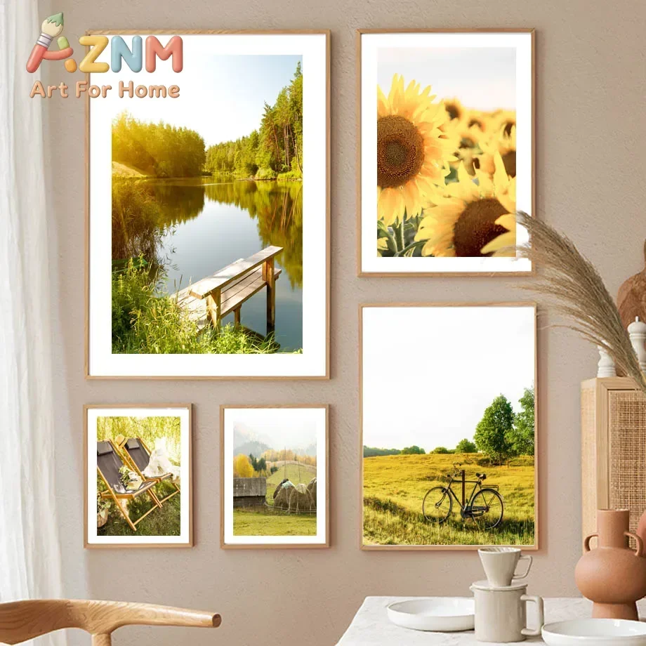 Sunflower Spring Lake Landscape Canvas Wall Art Painting Idyllic Print for Living Room Modern Home Decor