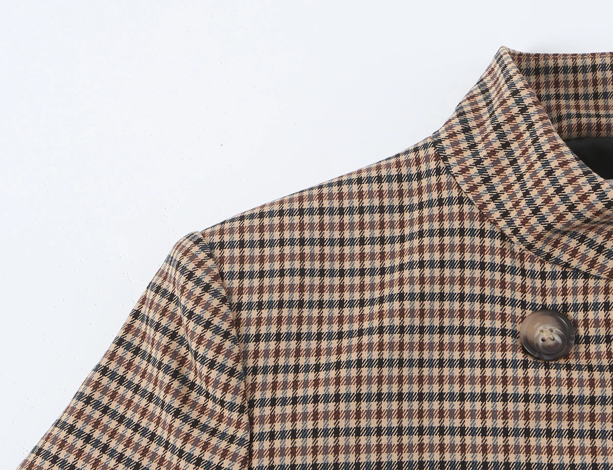 BSAY 2026 Neues Vintage Damen-Karomuster 2-teiliges Outfit mit Stehkragen, doppelreihiger, kurzer Jacke und weitem Hosenbein, lässiger Anzug – Detail 15