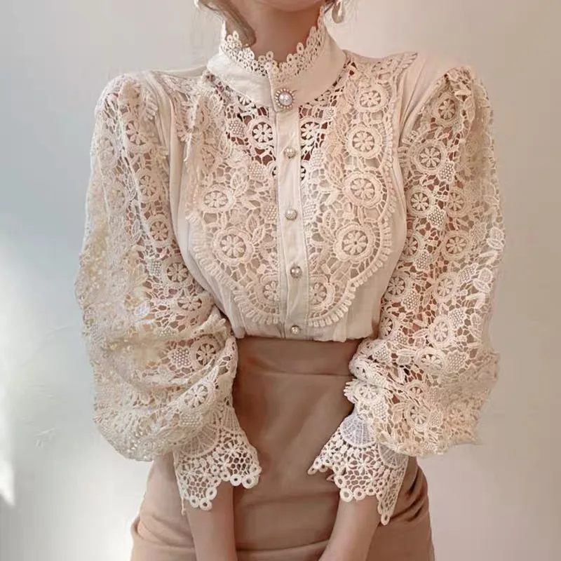 

Spring Autumn Hollow Out Lace Blouse Women Chic Button Vintage Shirt Stand Collar Tops All-match Long Puff Sleeve Clothes
