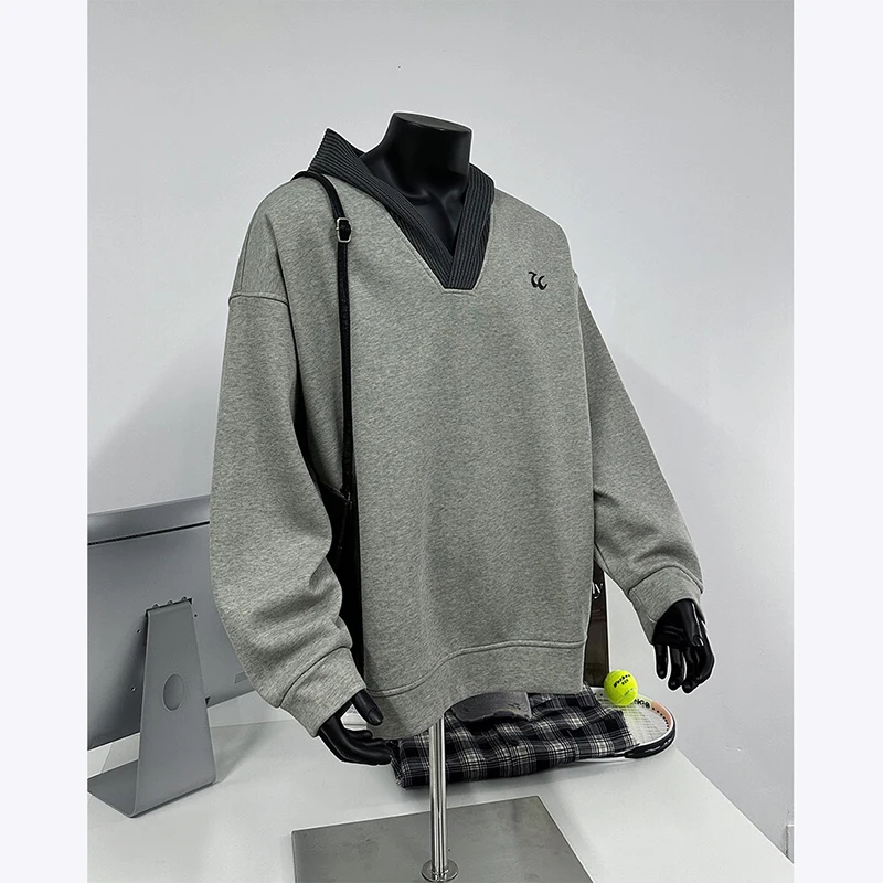 Hip Hop Men Streetwear Contrast Color Hooded Oversize Casual Hoodie American Retro Style V-neck Pullover Hooded