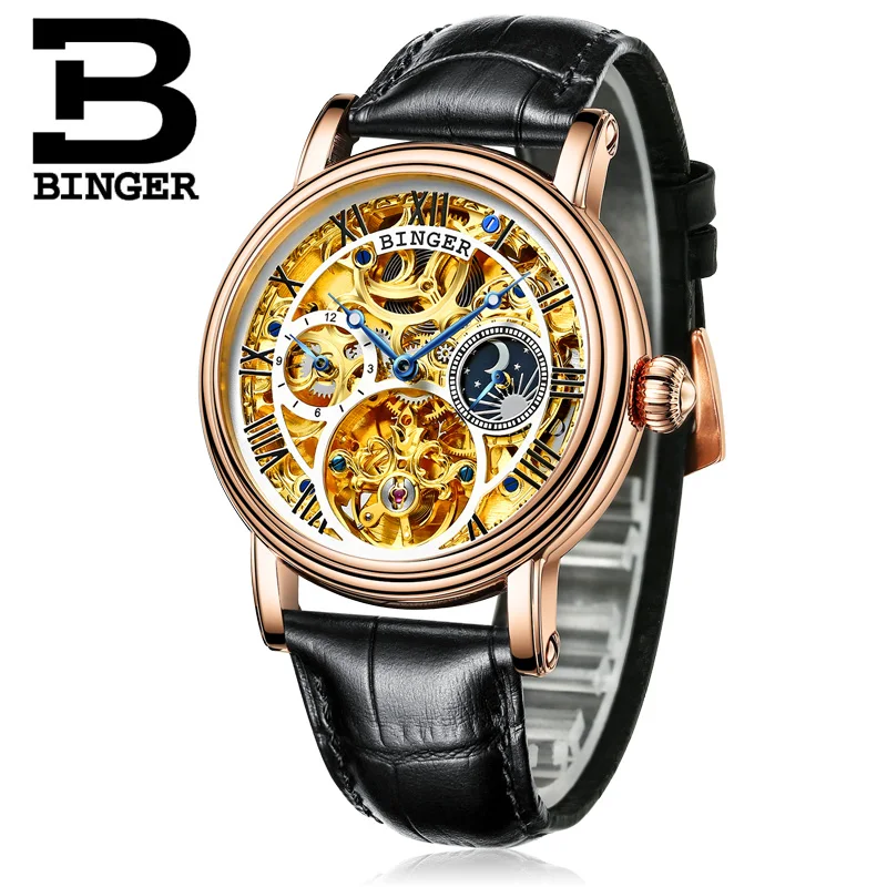 Switzerland BINGER For Mens Business Skeleton Automatic Wristwatch Sapphire Crystal Mechanical Hollow Out Dial Relogio Masculino