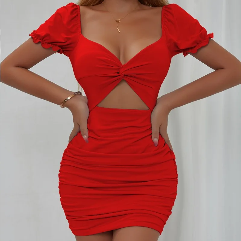 

Sexy Spicy Girl Hollow Out Puff Sleeves Wrap Hip Pleated Dress Temperament Commuting Women's Elegant Skinny Fashion Mini Dresses