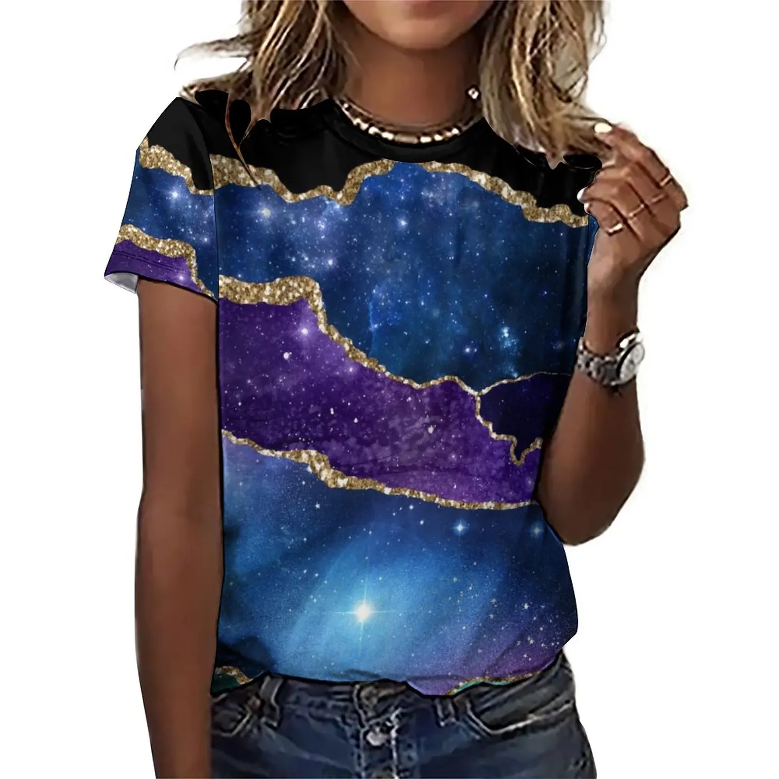 Gold Glitter Marble T Shirts Purple Teal Print Casual T-Shirt Short Sleeve Elegant Big Size Tee Shirt Trendy Tops Birthday Gift