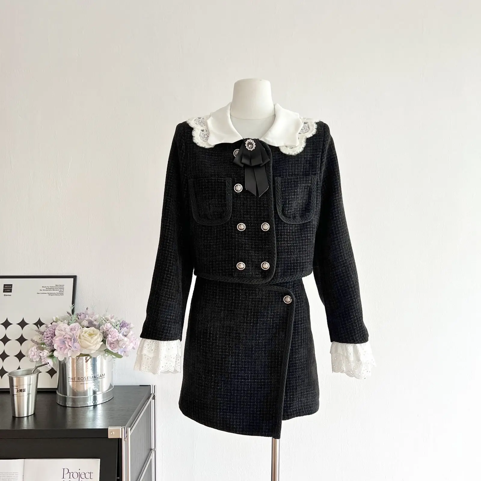 

French Small Fragrance Autumn and Winter Tweed Two Piece black Ladies Bow Short Coat + High Waist Mini Skirt Women Elegant Suits