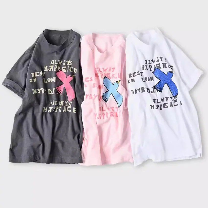 커플 티셔츠 대나무 면 통기성 편안한 캐주얼 탑 여성 패션 여름 짧은 소매 라운드 넥 프린트 티