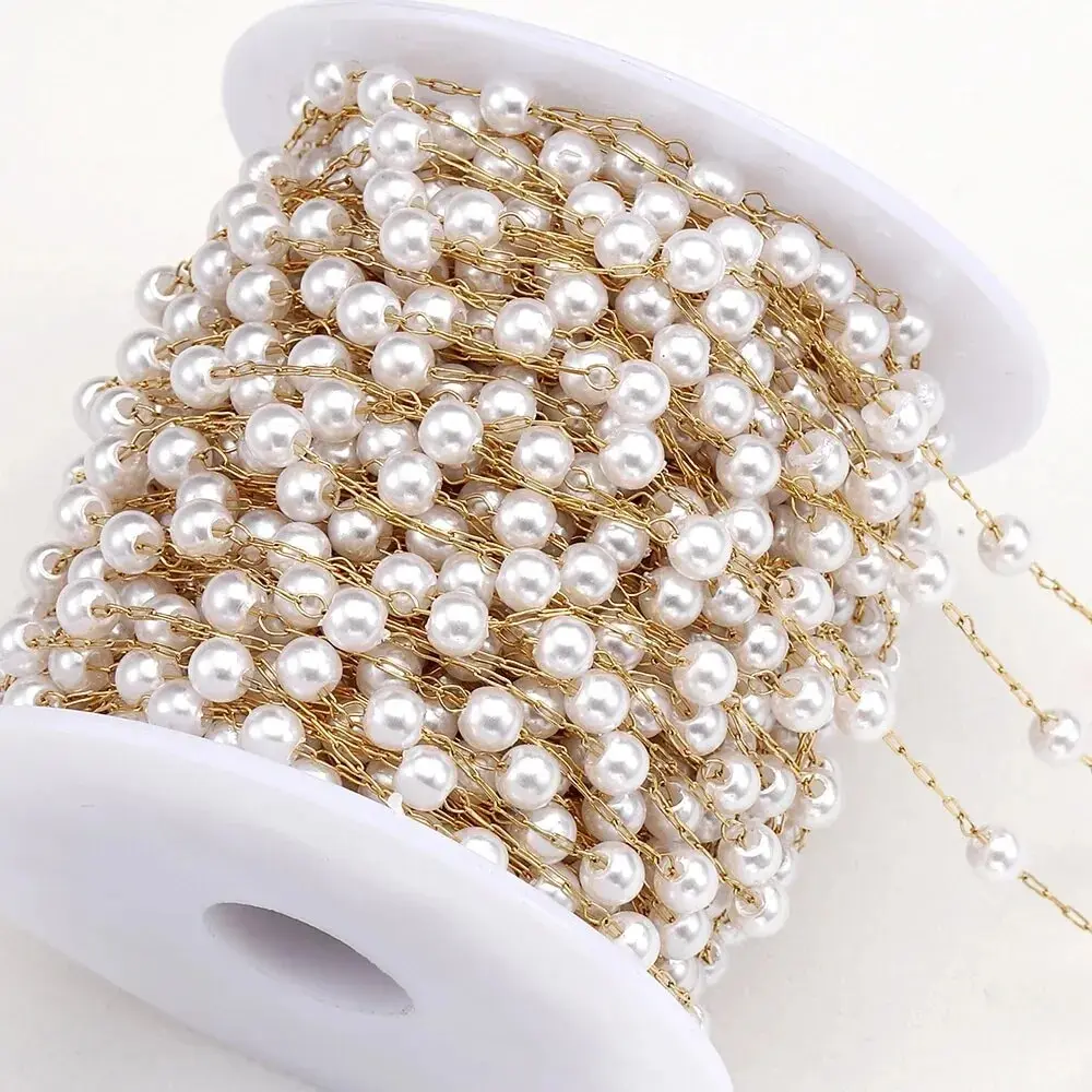 1M Stainless Steel Link Chain Imitation Pearl Ball Beads Chains Accessory DIY Beaded Necklace Bracelet Jewelry Making Findings