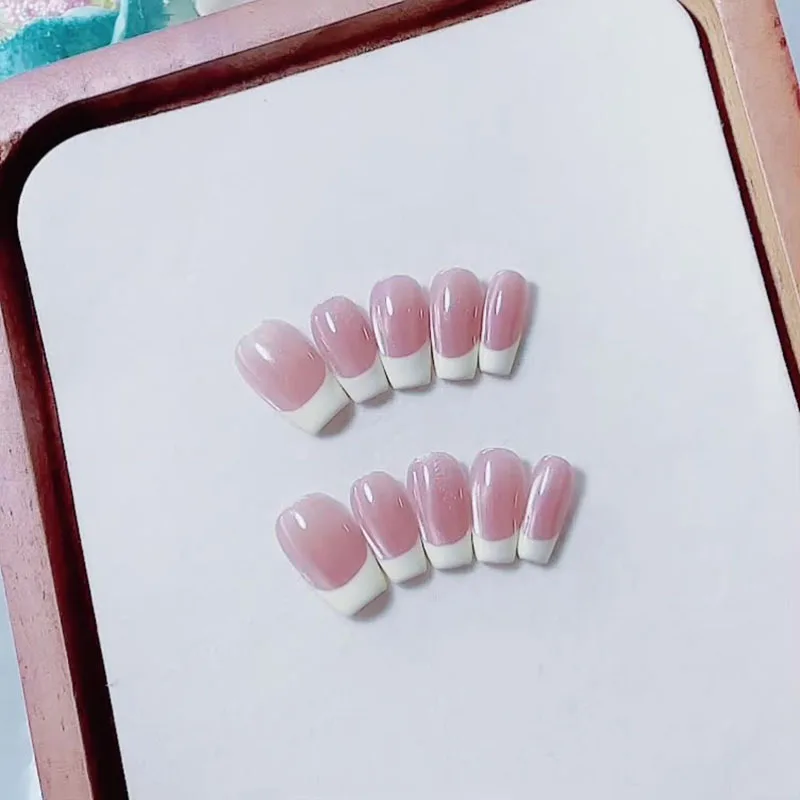 

10pcs Handmade Press on Nails French Light Pink Blush Cat's Eye Full Coverage Nail Tips for Women&Girl Removable Wearable Nail