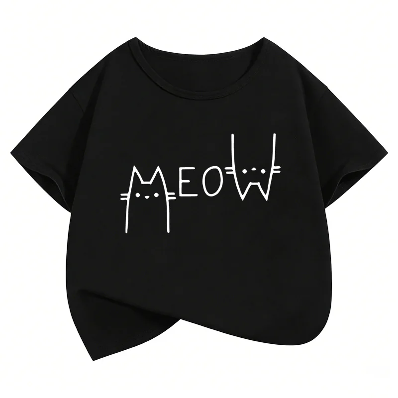 Meow Cat Graphic Kids Tshirts Summer Short Sleeve Tees Cartoon Animal Boys Girls Clothes Kawaii Kitten Tops Y2K Children T-shirt