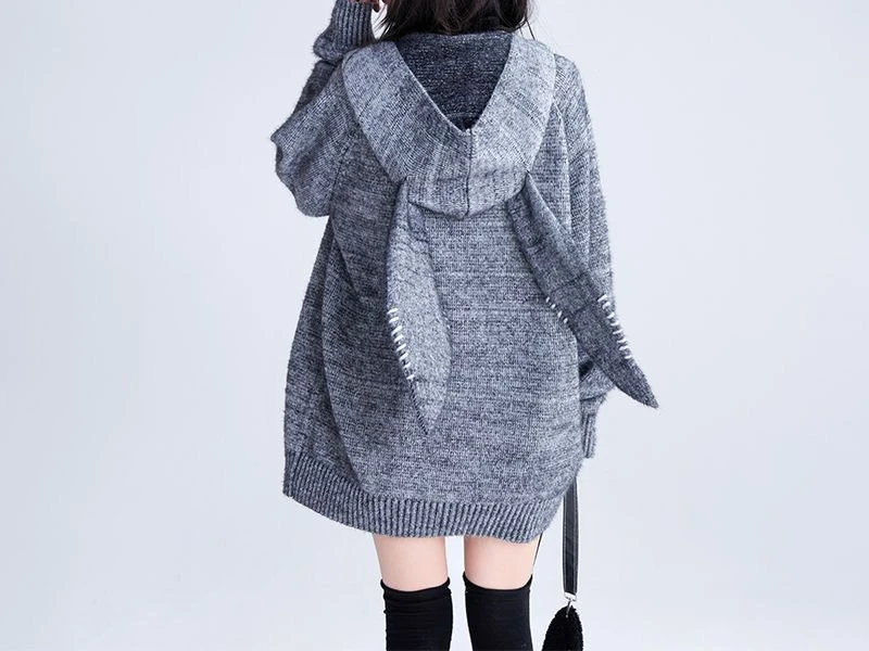 Grey Rabbit Ear Hooded Sweater Jacket for Women's Autumn and Winter Lazy Style Loose Casual Knitted Cardigan Jacket