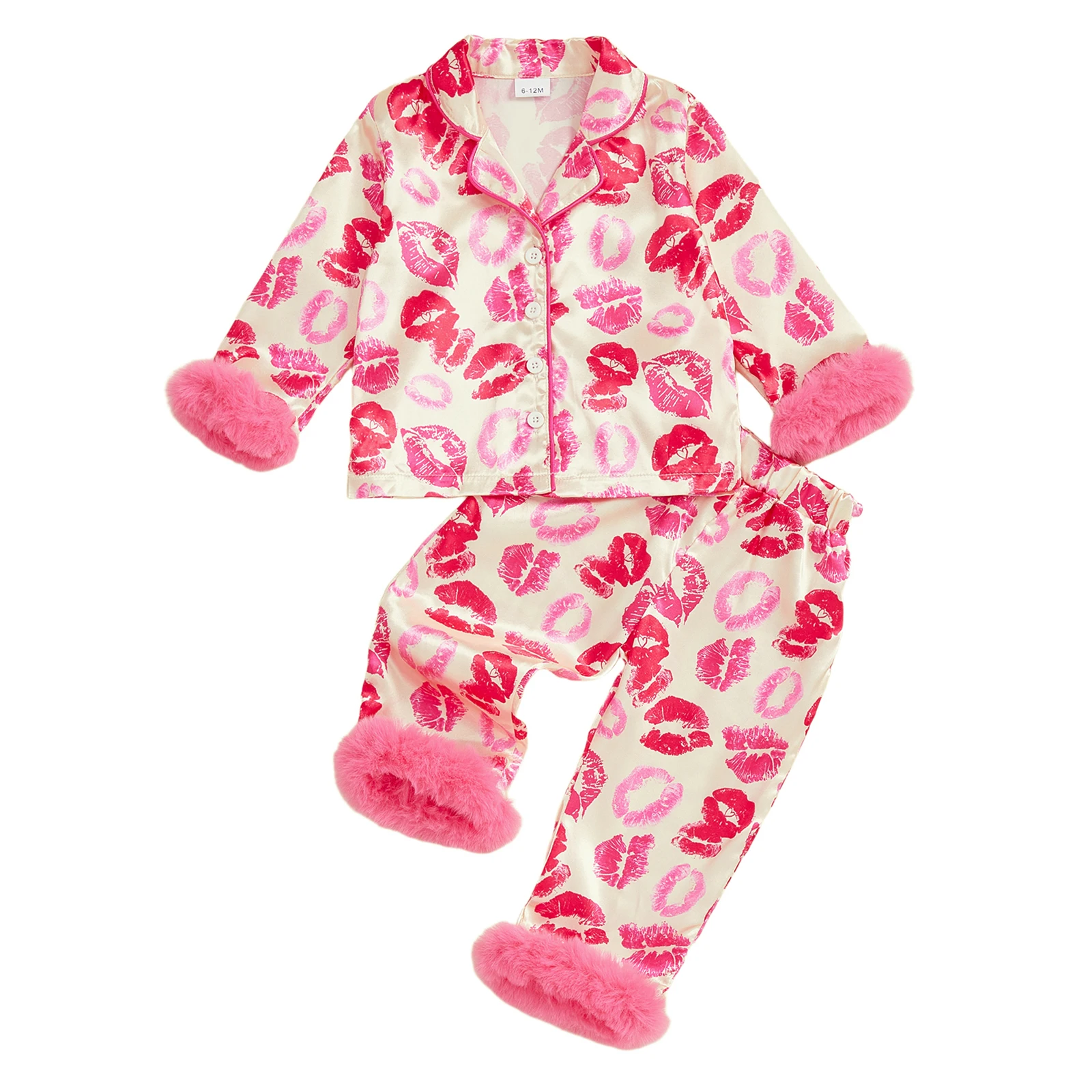 

Girl Valentine s Day Satin Pajamas Set Heart Lip Print Lapel Long Sleeve Button Down Tops with Pants Sleepwear