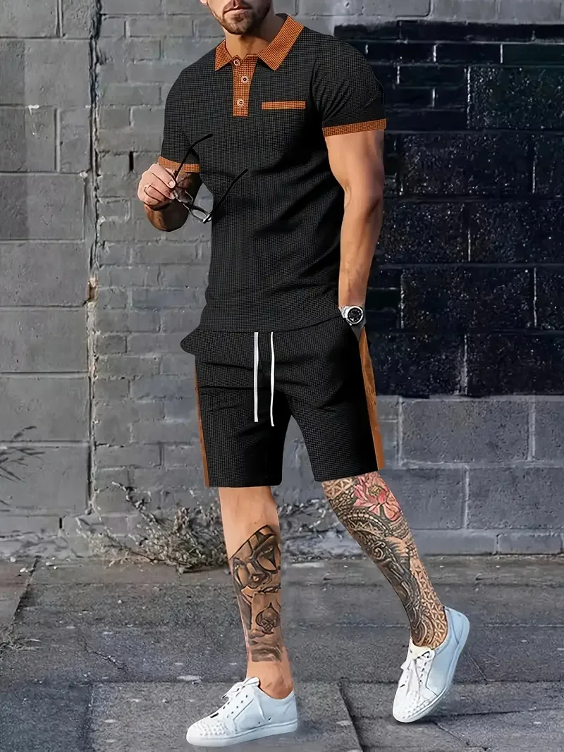 

Street Fashion Blue Brown Polo Shirt Shorts Set for Trendy Men
