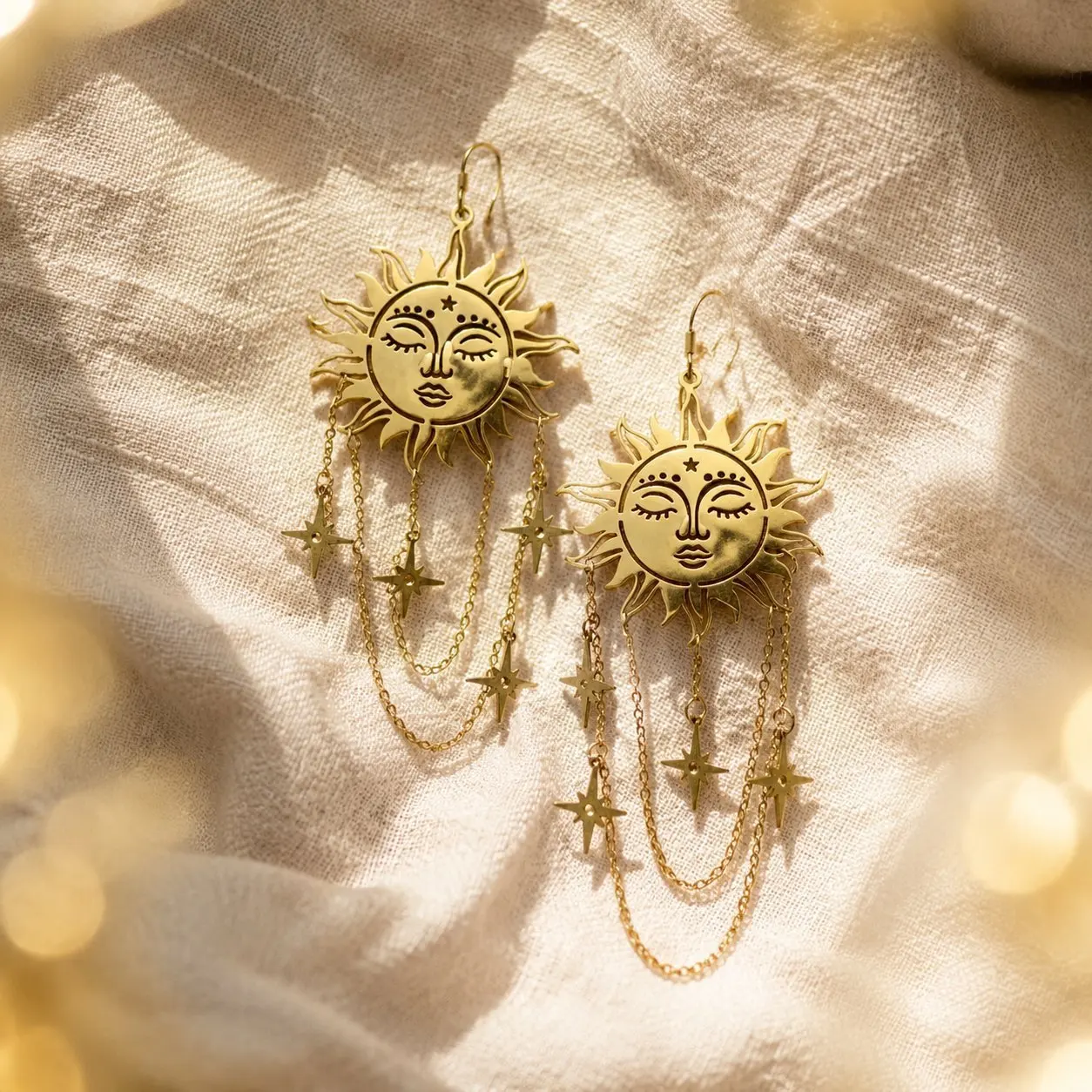 Trendy Personality Sun Face Star Tassel Earrings For Women Fashion Golden Alloy Ears Accessories Festival Gift Party Casual Wear