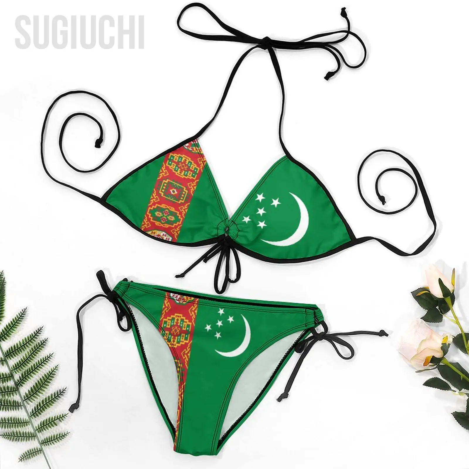 Women Turkmenistan Flag Bikini Swimsuit Sets Three Point Beachwear Swimming Bathing  Beach Party Suits