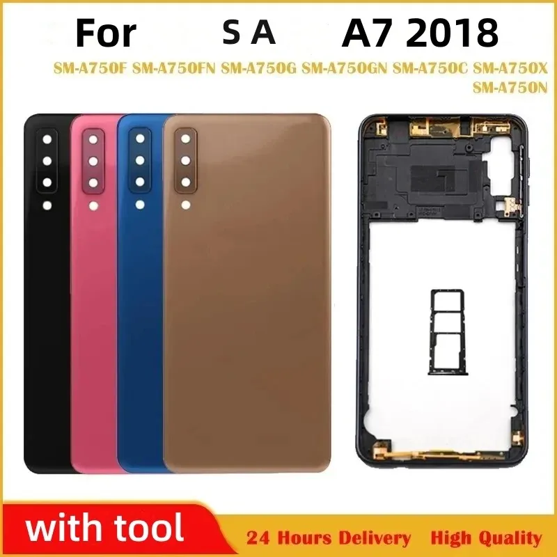 For SA Galaxy A750 A7 2018 SM-A750F Housing Middle Frame Cover Plastic Battery Back Cover Rear Door With Lens Adhesive Logo