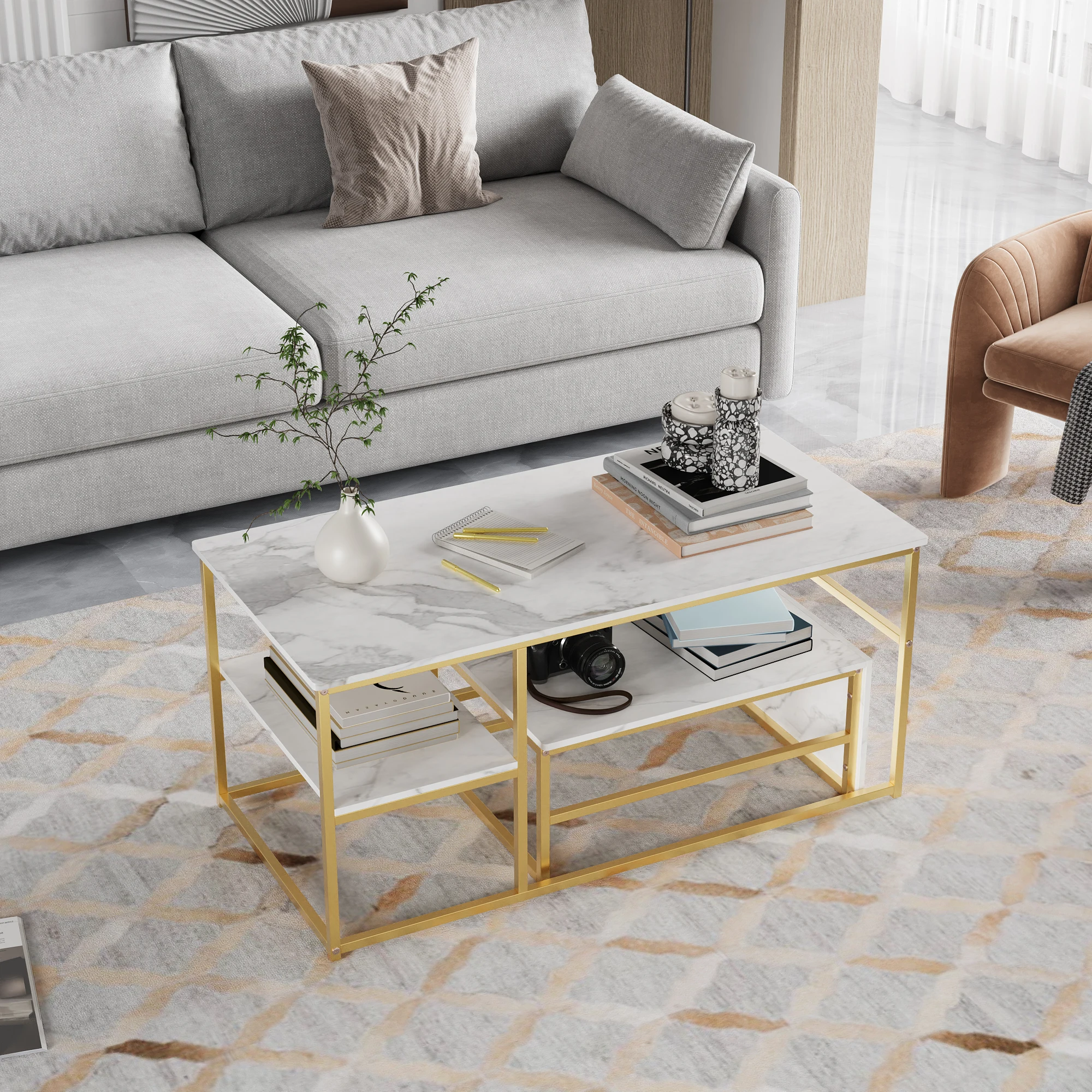ROSAHQNDA Juego de 2 mesas de centro modernas, mesa auxiliar para sofá, mesas nido elegantes con estructura metálica rectangular, para sala de estar