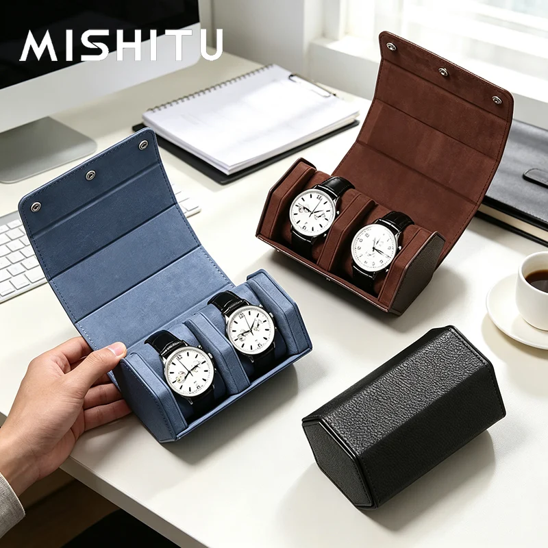 MISHITU Dual Watch Storage Bag Premium Watch Portable Storage Box PU Leather Travel Watch Packaging Bag Gift Box for Wrist Watch