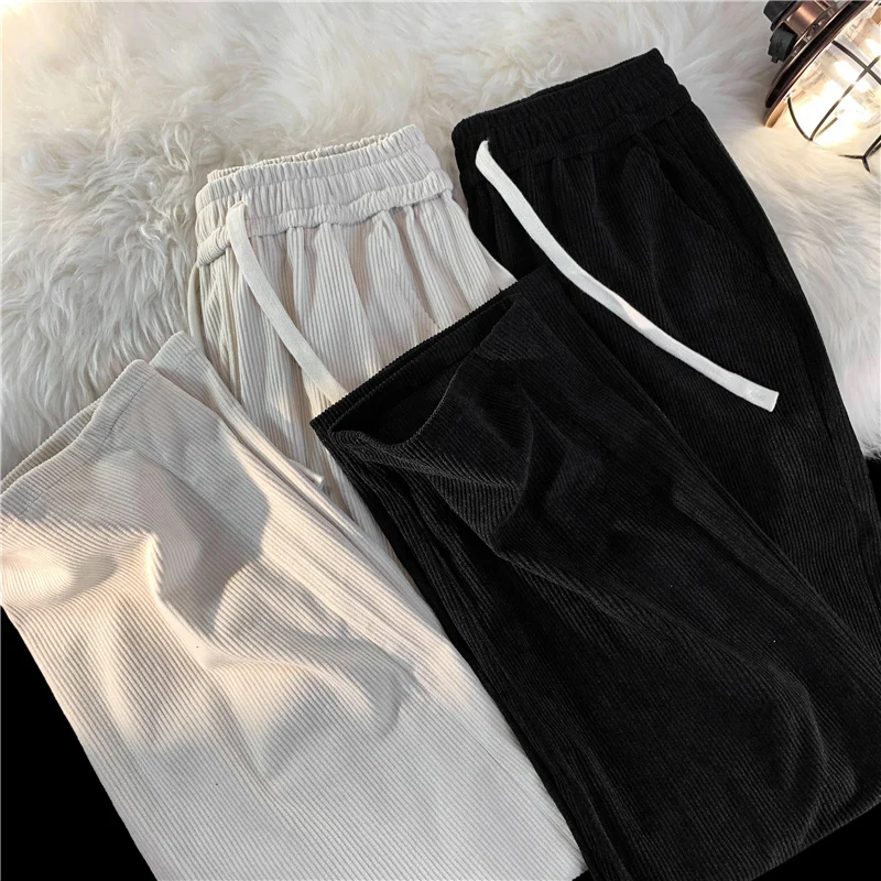 Men\'s White Corduroy Pants 2023 New Korean Fashion Solid Color Casual Straight Baggy Drape Male Clothing Trousers S-3XL