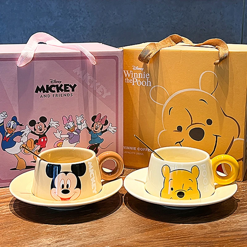 260ml Cute Cartoon Mickey Ceramic Coffee Cup Plate Set Cartoon Minnie Mug Couple Home Office Breakfast Milk Cup Gift