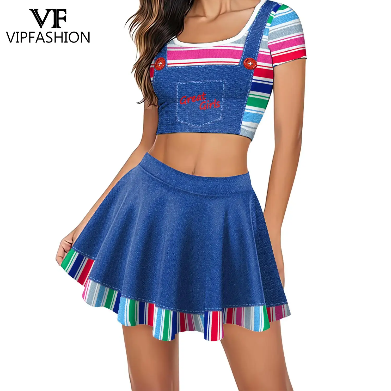 

VIP FASHION женский костюм Чаки для косплея на Хэллоуин, джинсовый комбинезон, юбка с принтом, полосатый топ на бретелях, комплект для вечеринки для девочек, наряд для черлидинга