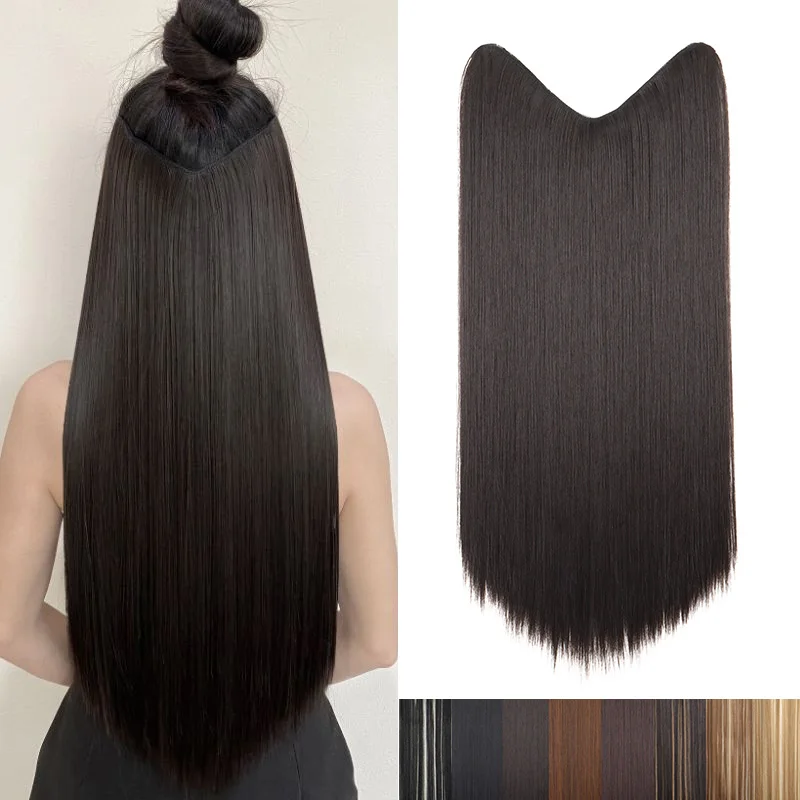 

24Inch Synthetic Long Straight V-shaped Hair Extension One Piece Clip in Soft Natural Invisible Hairpiece for Women