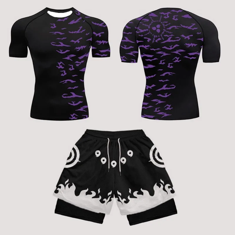 

Men's Tracksuit Two Pieces Sets Anime Print Fitness Sport Suit Joggers T Shirt+shorts Men's breathable Casual Sportswear