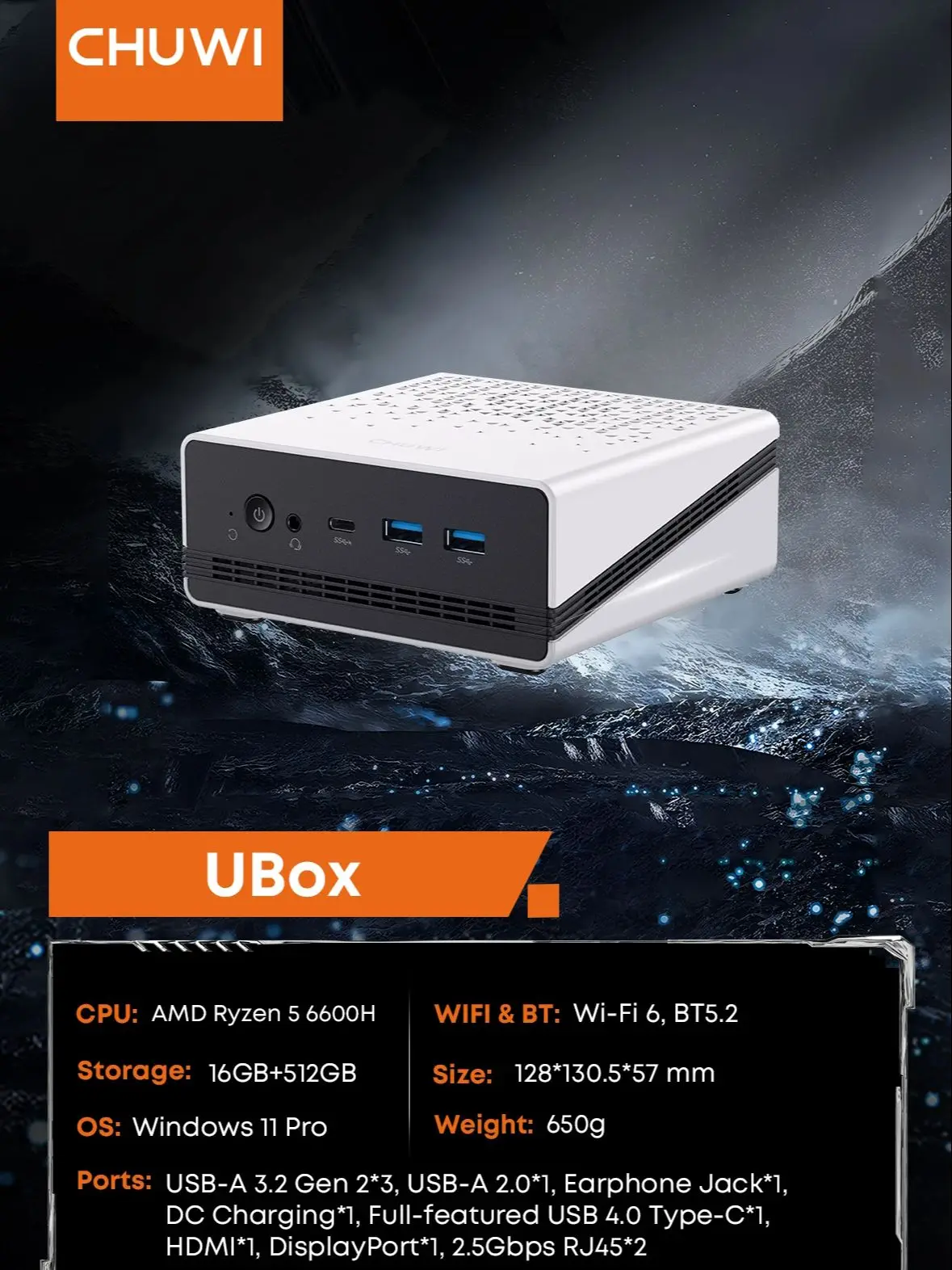 CHUWI UBox Mini-PC AMD Ryzen 5 6600H 16 GB DDR5 512 GB SSD Windows 11 Pro 4K 144 Hz Deknahme WiFi 6 BT 5.2 Extend M.2 1T*2 650 g