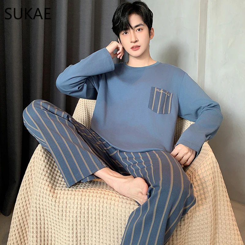 SUKAE Winter Autumn Faux Cotton Men Pajamas Set Leisure Pyjama Boy Sleepwear Casual Homesuit Long Sleeves Pijama Youth Nightwear