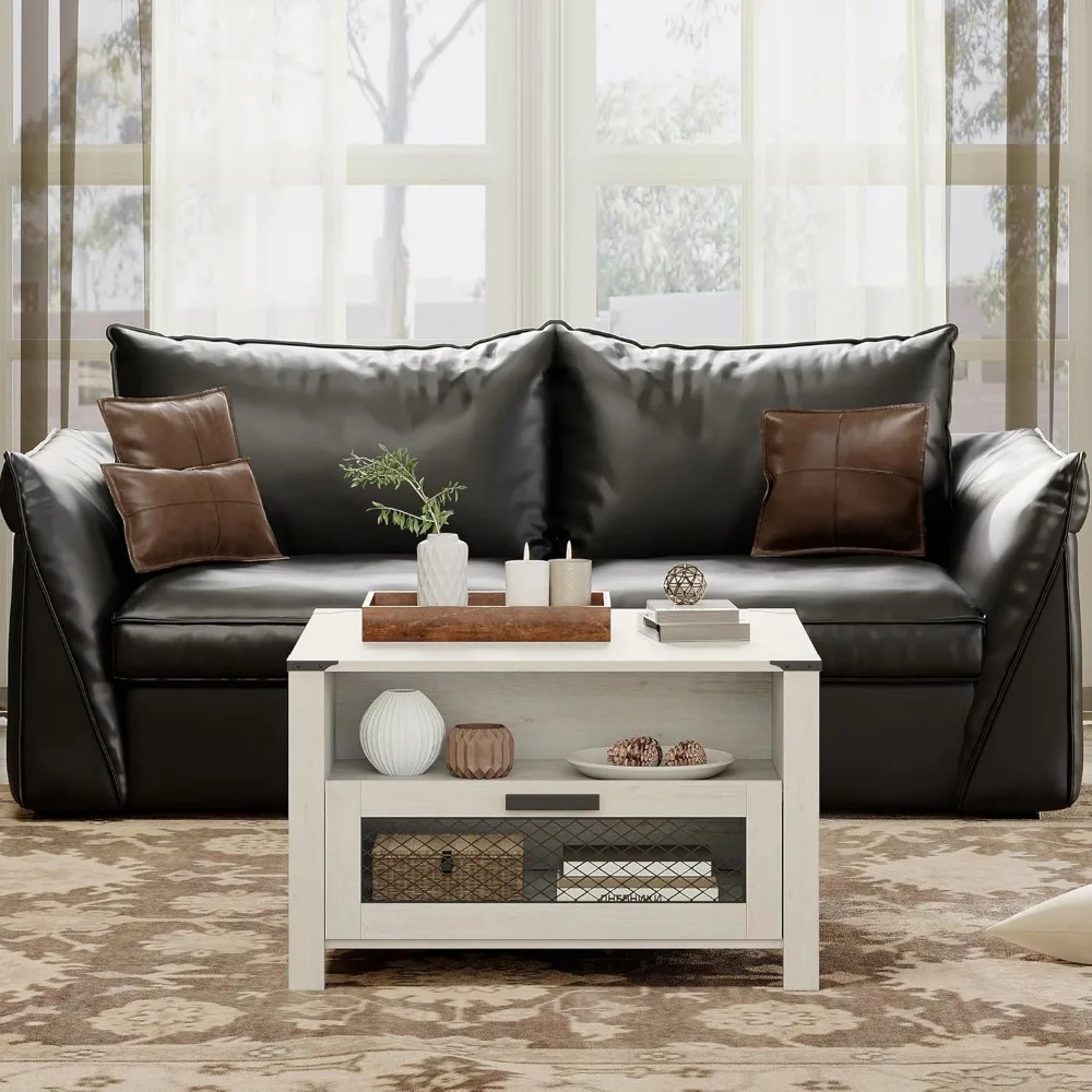 

30 inch Square Coffee Table,Drawer Storage Coffee Table for Living Room,Farmhouse Accent Table with 2 Compartments Open S