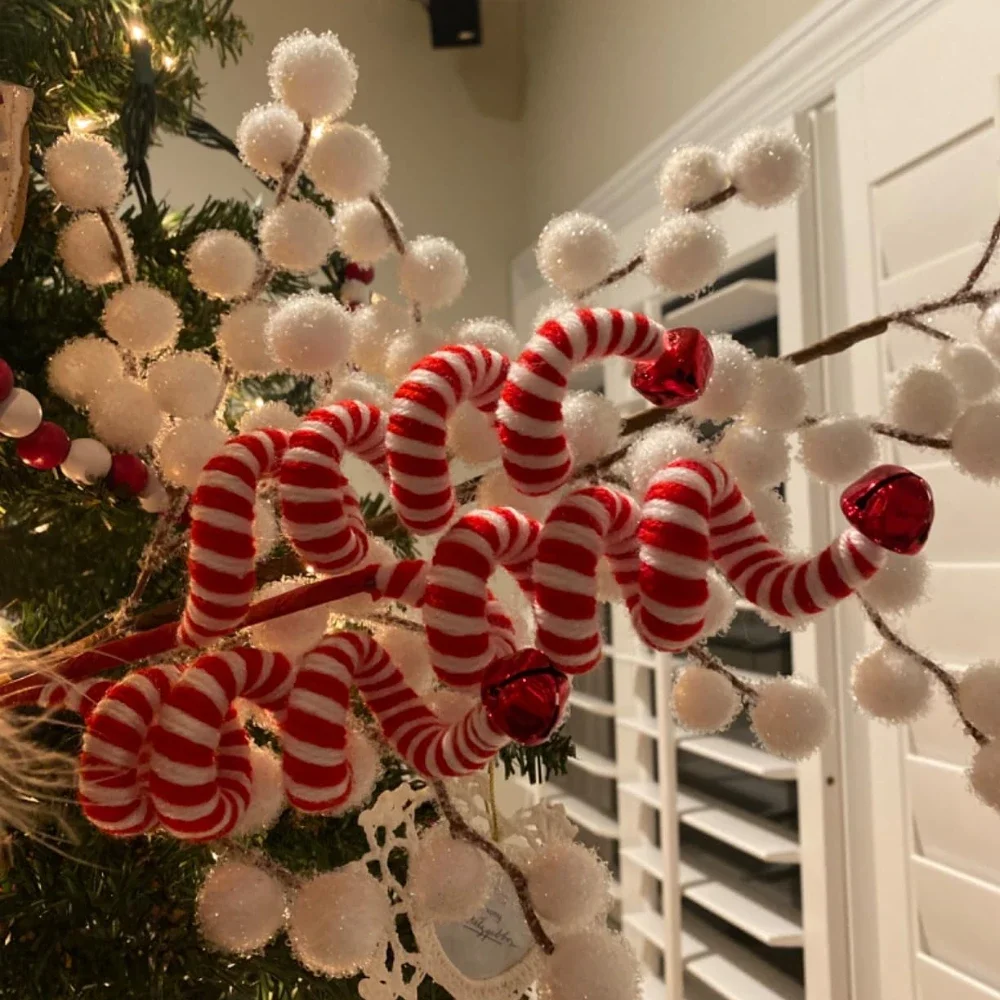 Christmas Woolen Bells Curly Picks Red White Xmas Tree Branches Hanging Decorations for DIY Home Crafts Decor Ornaments Gifts