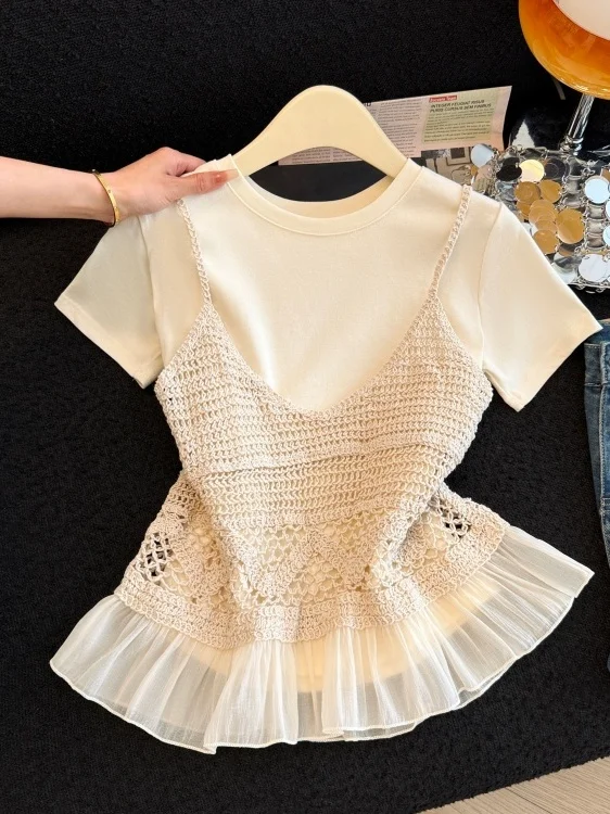

Bohemian Style Women's Knitted Vest Spring Summer Fashion Hollow out Hook Flower Top Casual Straight Cut Embroidered Sleevele...