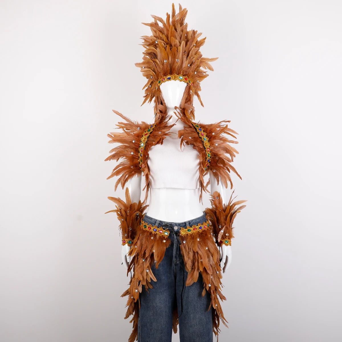 Faux Rhinestone Gem Feather Full Costume Set Women Carnival Samba Outfit Feather Headpiece Cape Skirt Arm Bands for Rave Cosplay