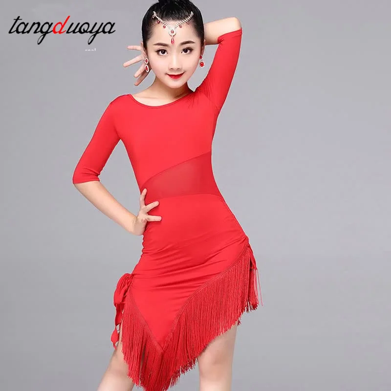 1 unids/lote, vestido de baile latino para niñas, ropa de baile latino con flecos, disfraz de Salsa, vestidos de Tango de salón negros y rojos 