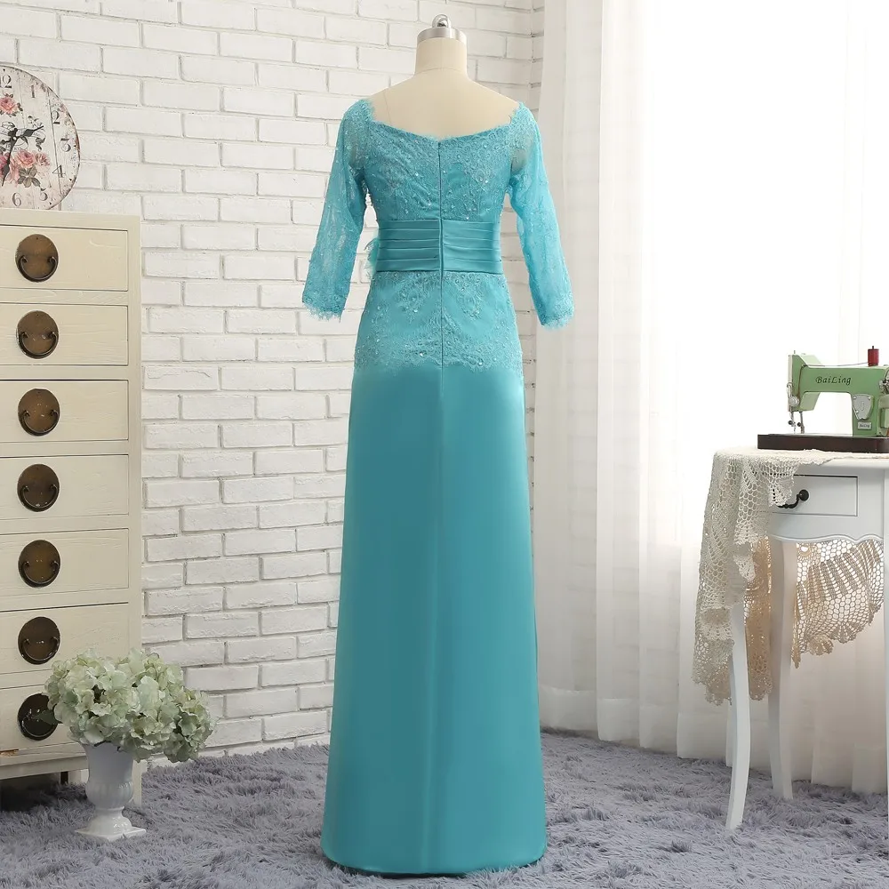 Turquoise Mother Of The Bride Dresses A-line 3/4 Sleeves Chiffon Lace Beaded Plus Size Long Groom Mother Dresses For Wedding