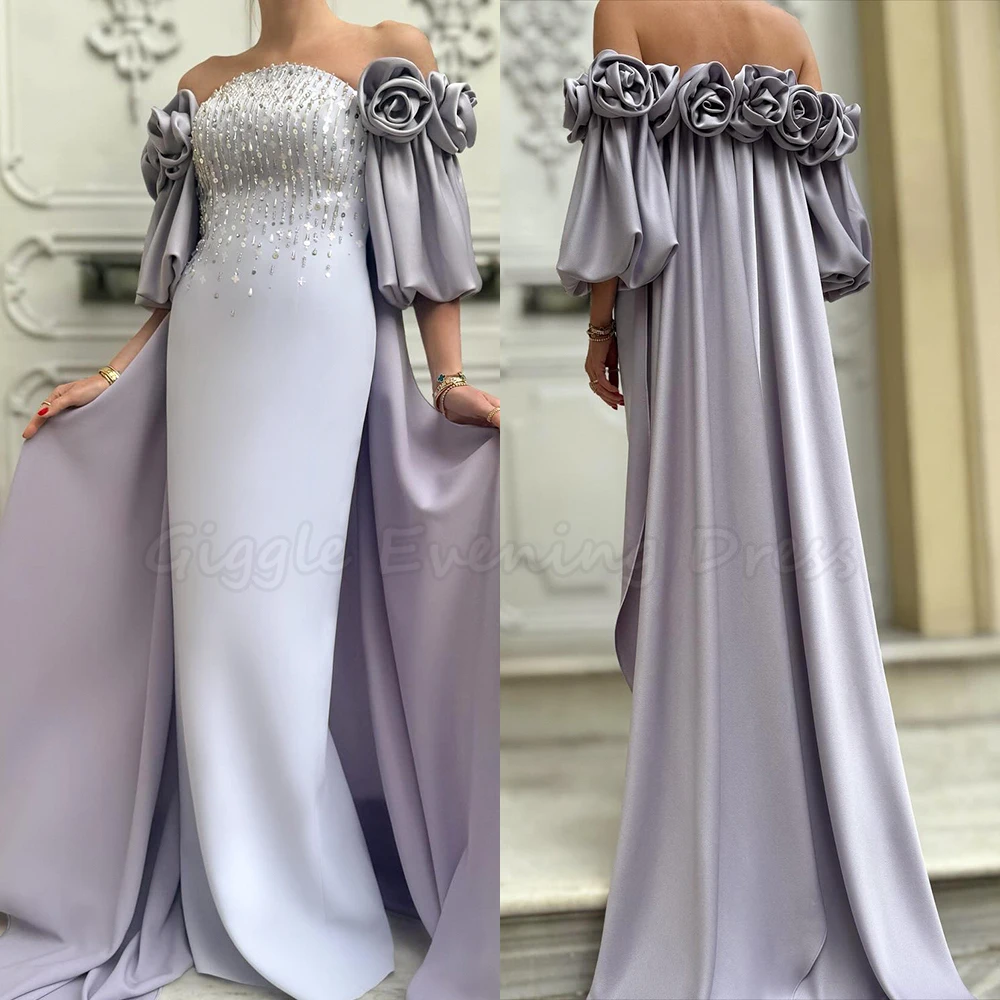 Luxuoso vestido de noite fora do ombro 2026 3d flores lantejoulas contas cetim até o chão dubai baile de formatura vestido formal personalizado