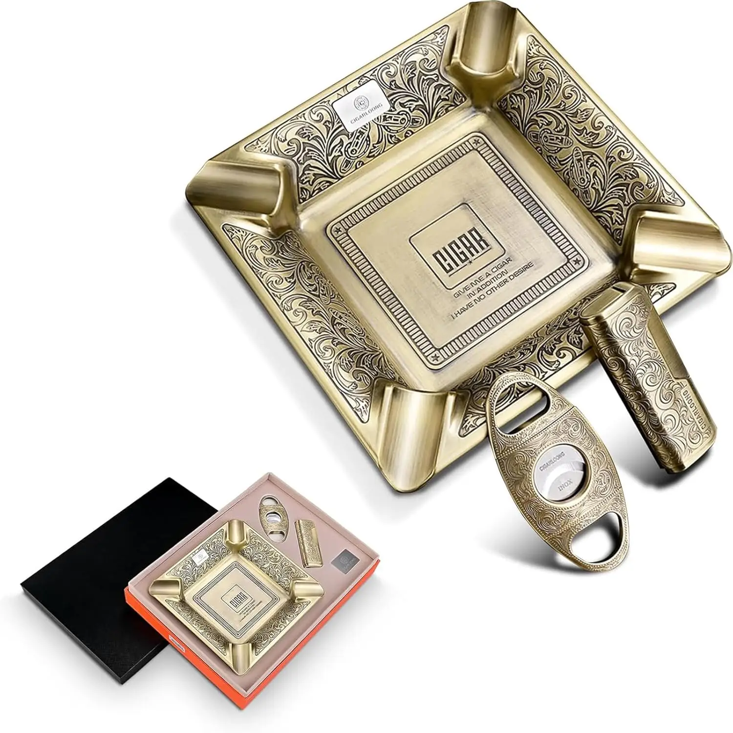 

Classic Carved Cigar Ashtray Set with Windproof Lighter and Sharp Cutter, Gold Finish