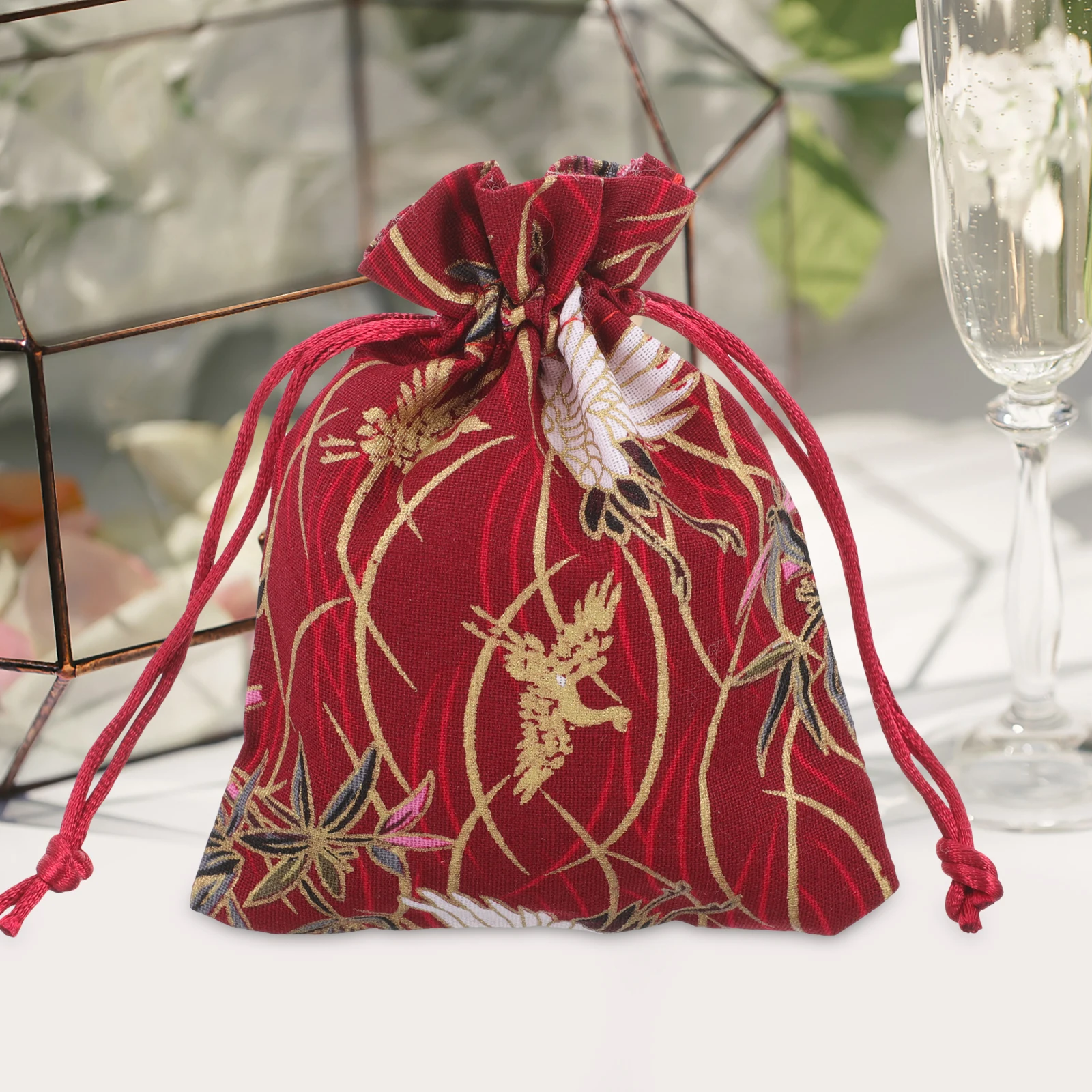 

5pcs Japanese Small Gift Bags Crane 10x13cm Drawstring Jewelry Gift Small Jewelry Bags Party Favor Compact Storage