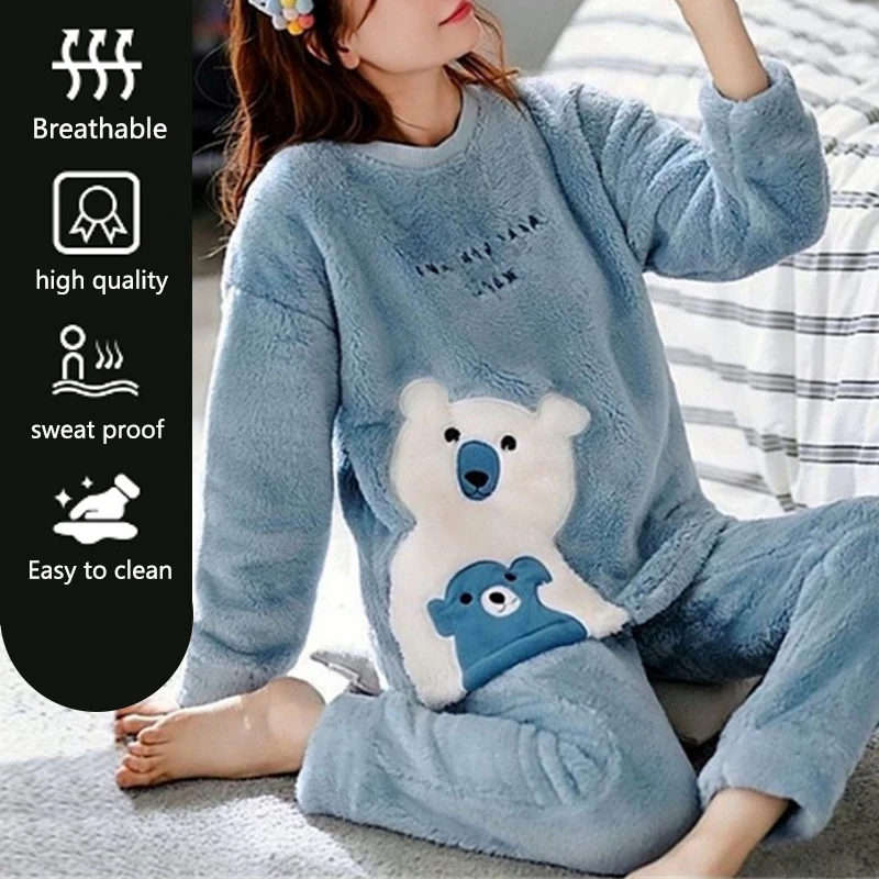 Thickened Warm Flannel Autumn Winter Plus Size Pajamas 2xl Long-Sleeved Suit Blue Cartoon Bear Homewear School Loungewear