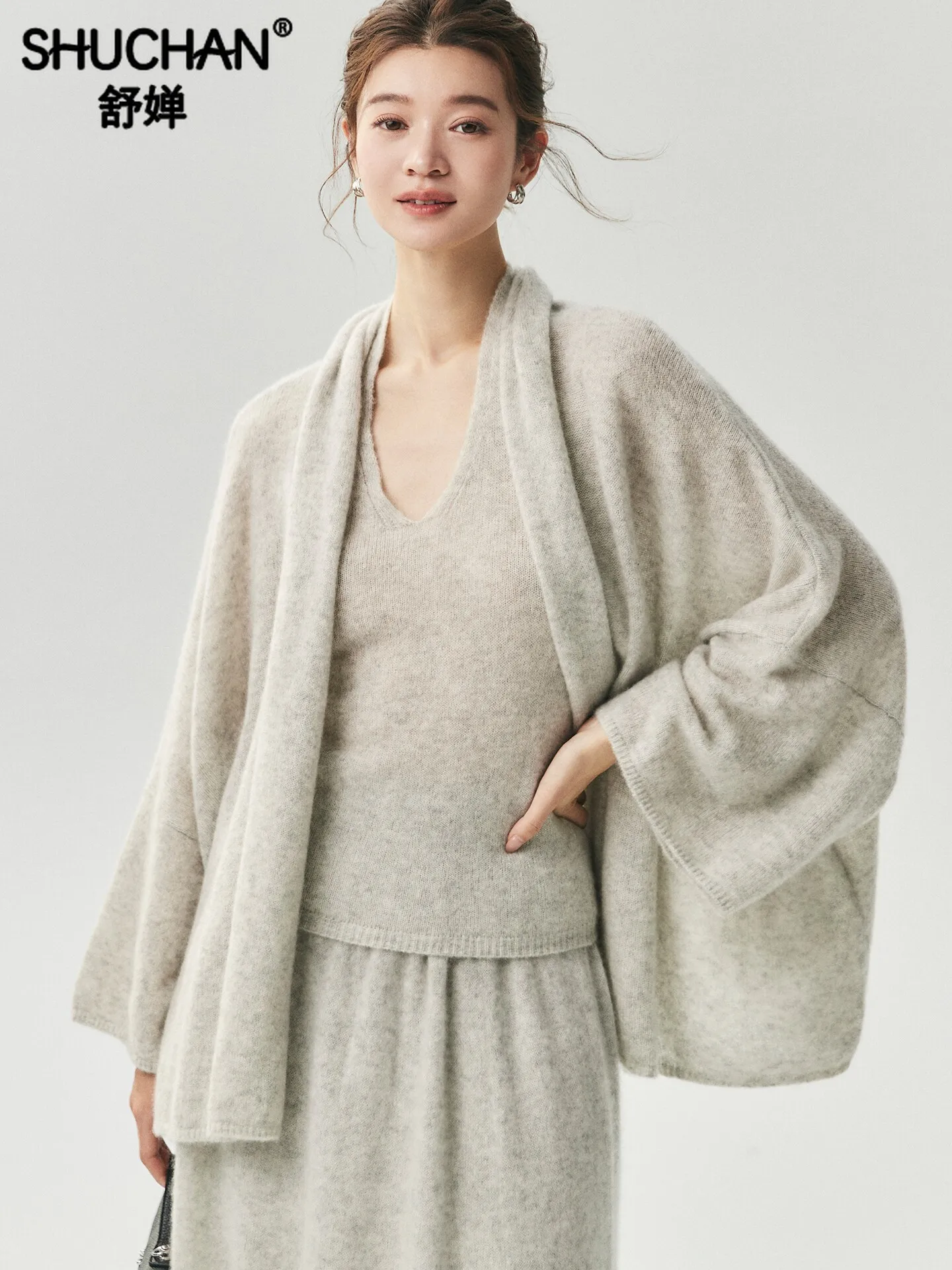 25% Natural Silk 75% Cashmere Knitted Cardigan Women's Wide-sleeved Loose Lazy Sweater Large Version Jacket